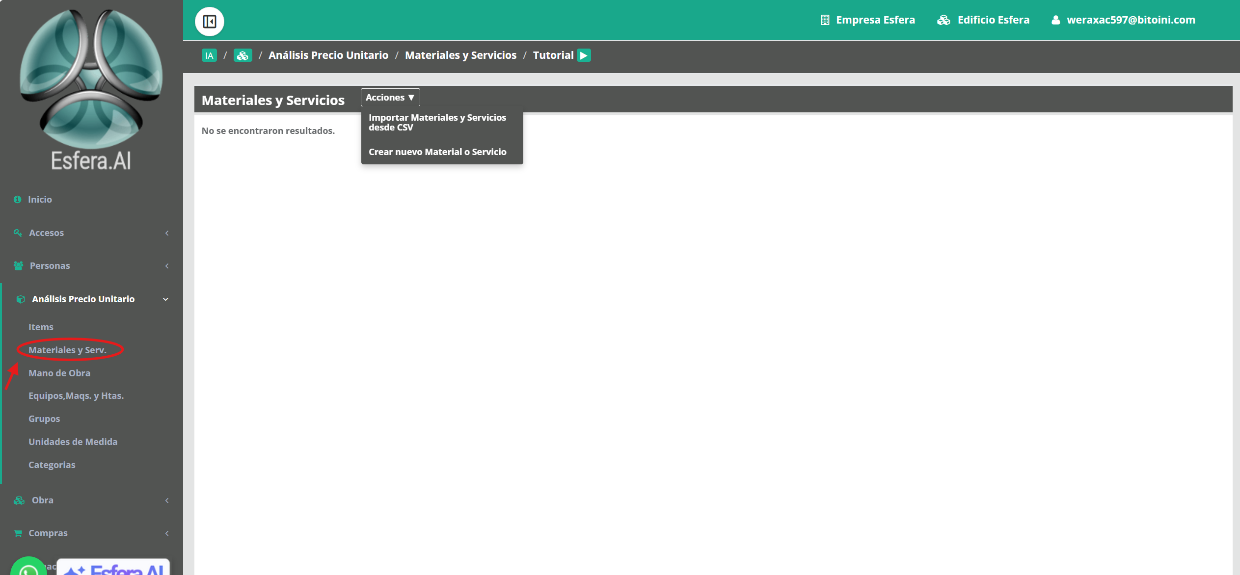Opciones para crear materiales y servicios
