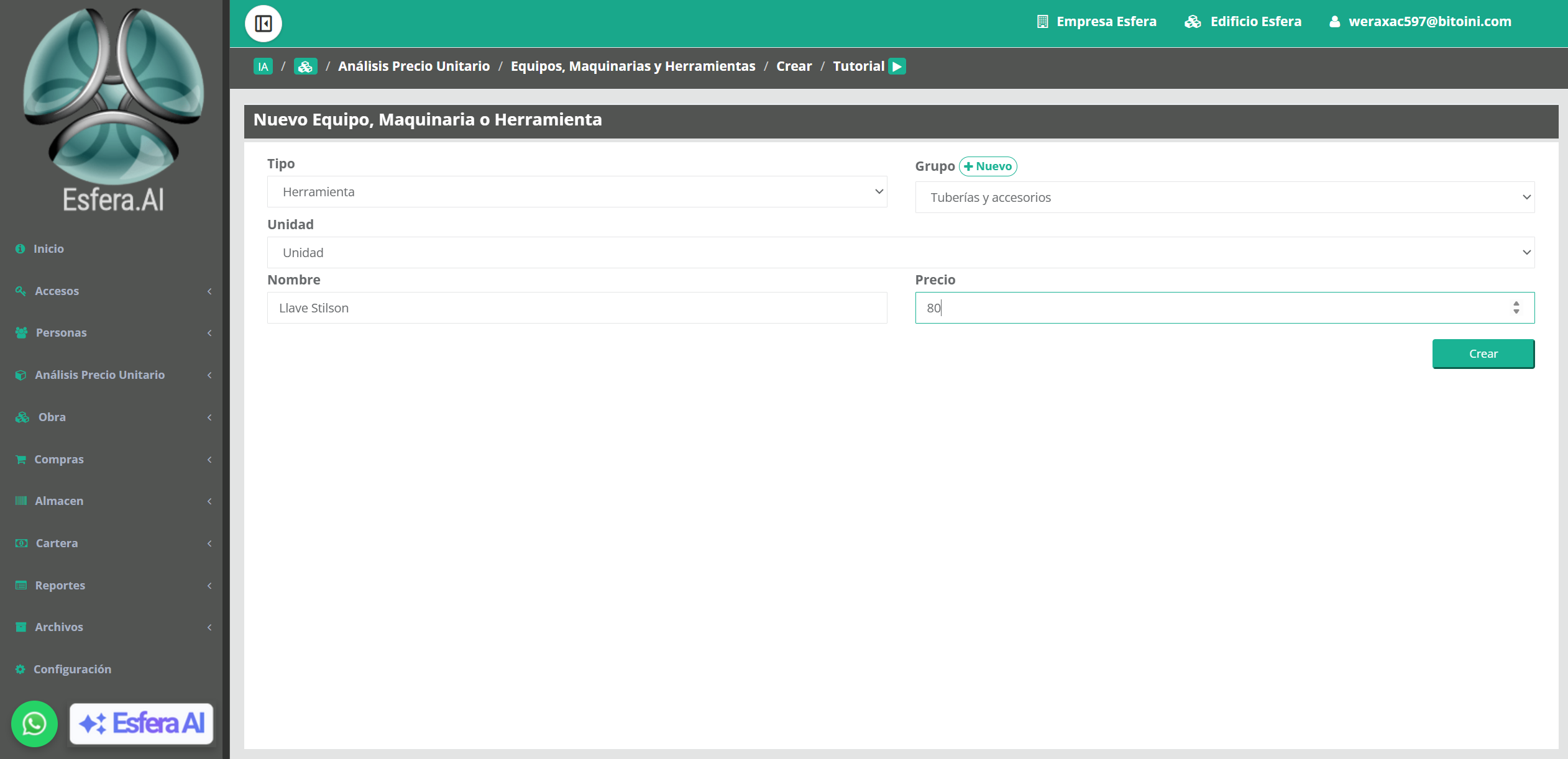 Crear nuevo equipo, maquinaria o herramienta