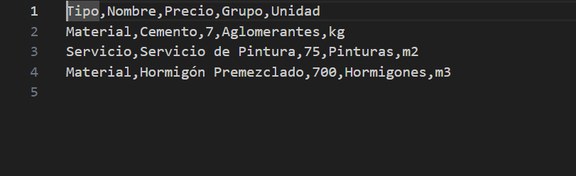 Plantilla CSV para importar materiales y servicios