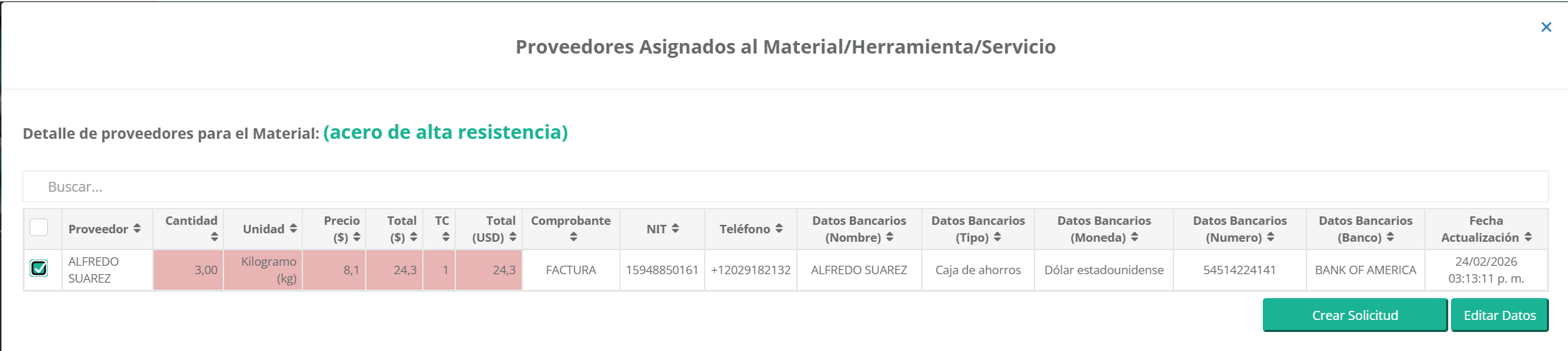 Formulario para agregar proveedores a un material