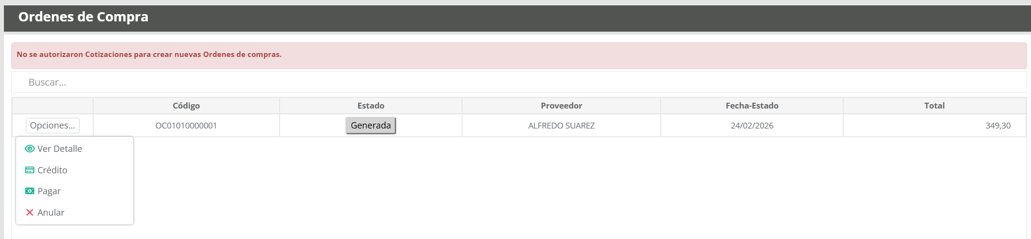 Opciones de estado para pagar orden de compra