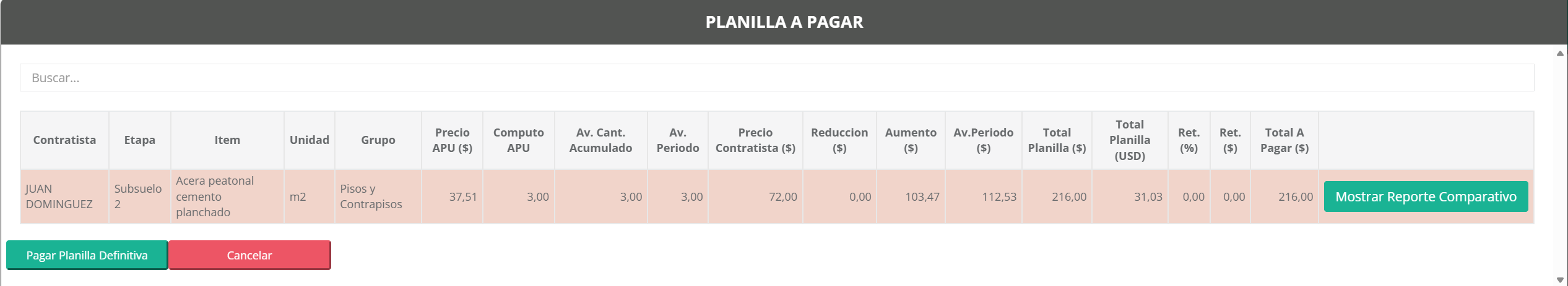 Estructura de planilla a pagar