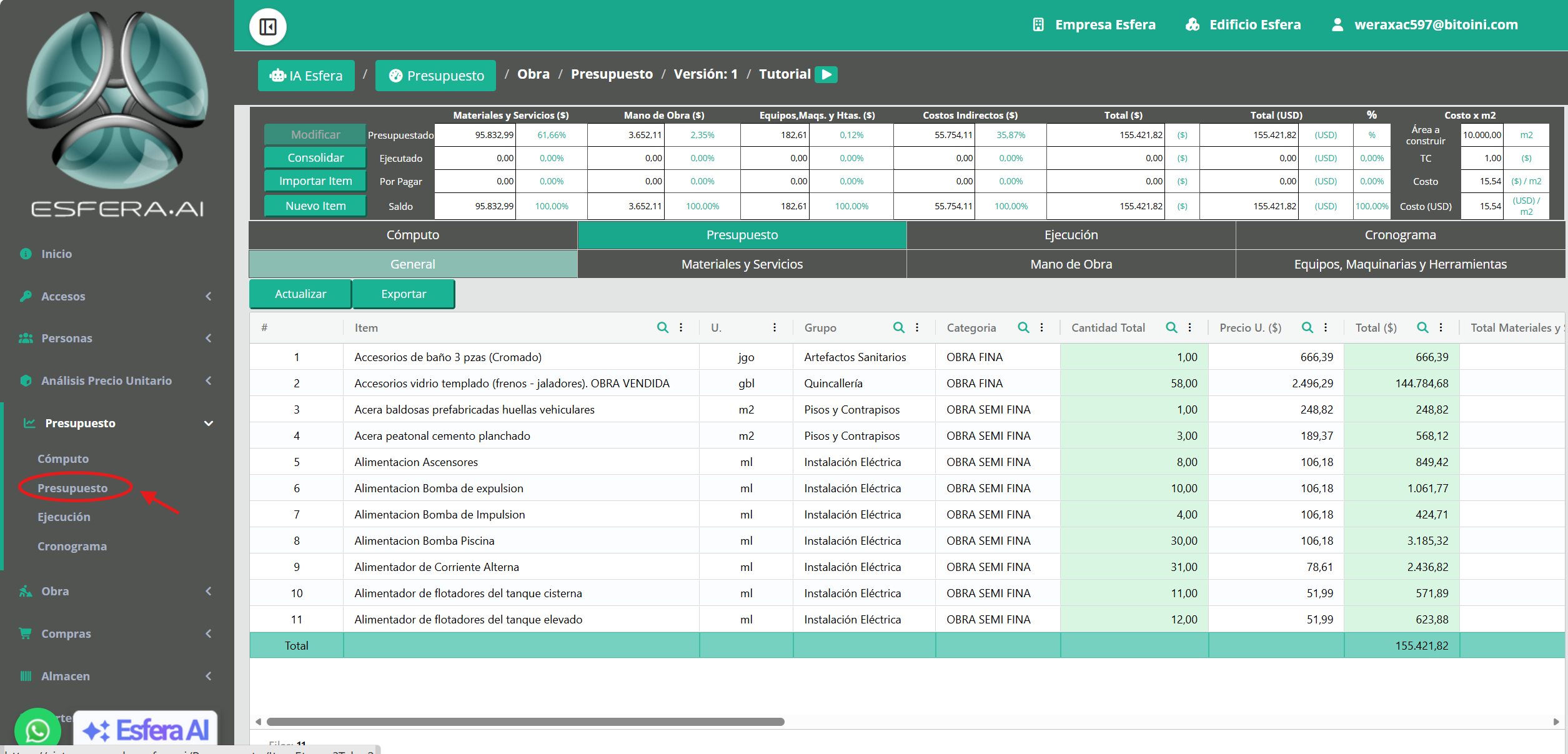 Budget table with cost breakdown in Esfera AI